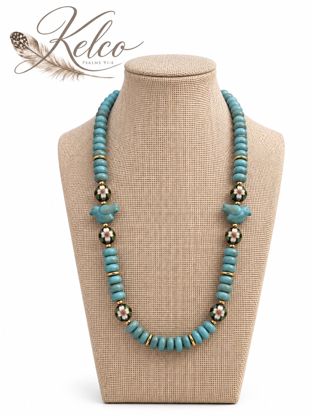 Aquamarine Cloisonnée and Czech Glass Blue Bird necklace